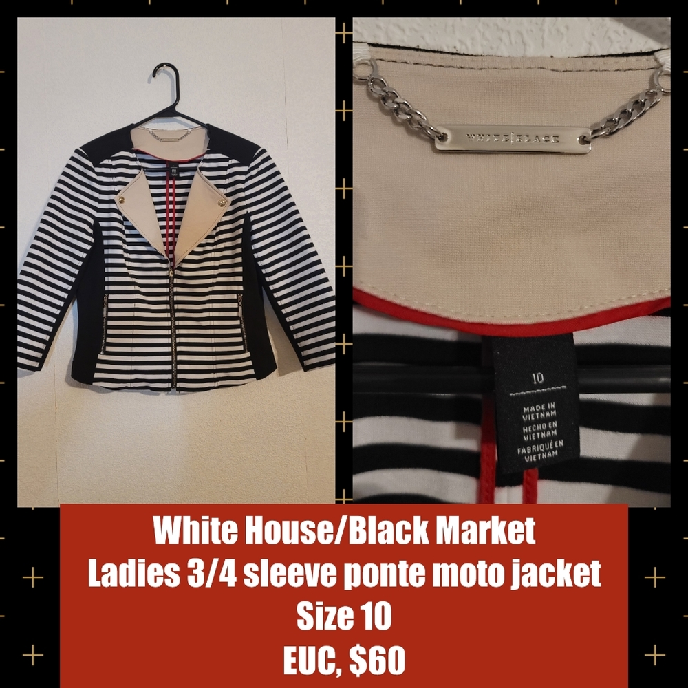WHBM Ladies 3/4 ponte sleeve moto jacket, size 10